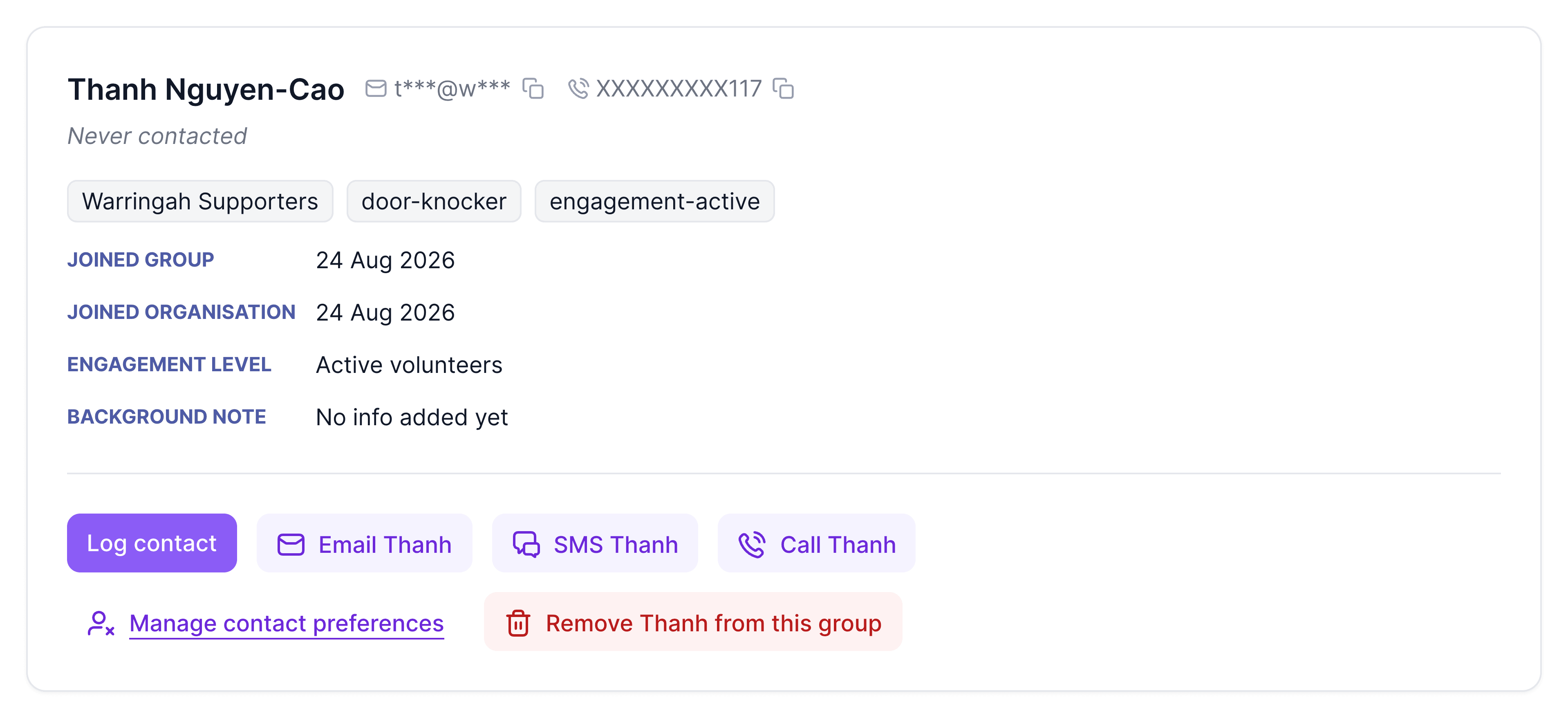 Action row on a supporter profile with Manage contact preferences and Remove from this group