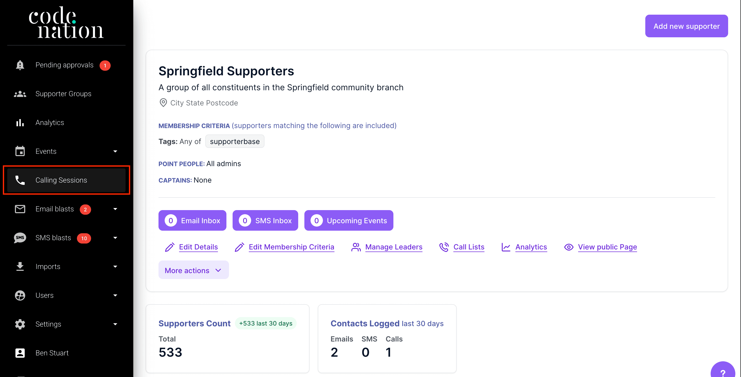Calling Sessions item in the left-hand sidebar