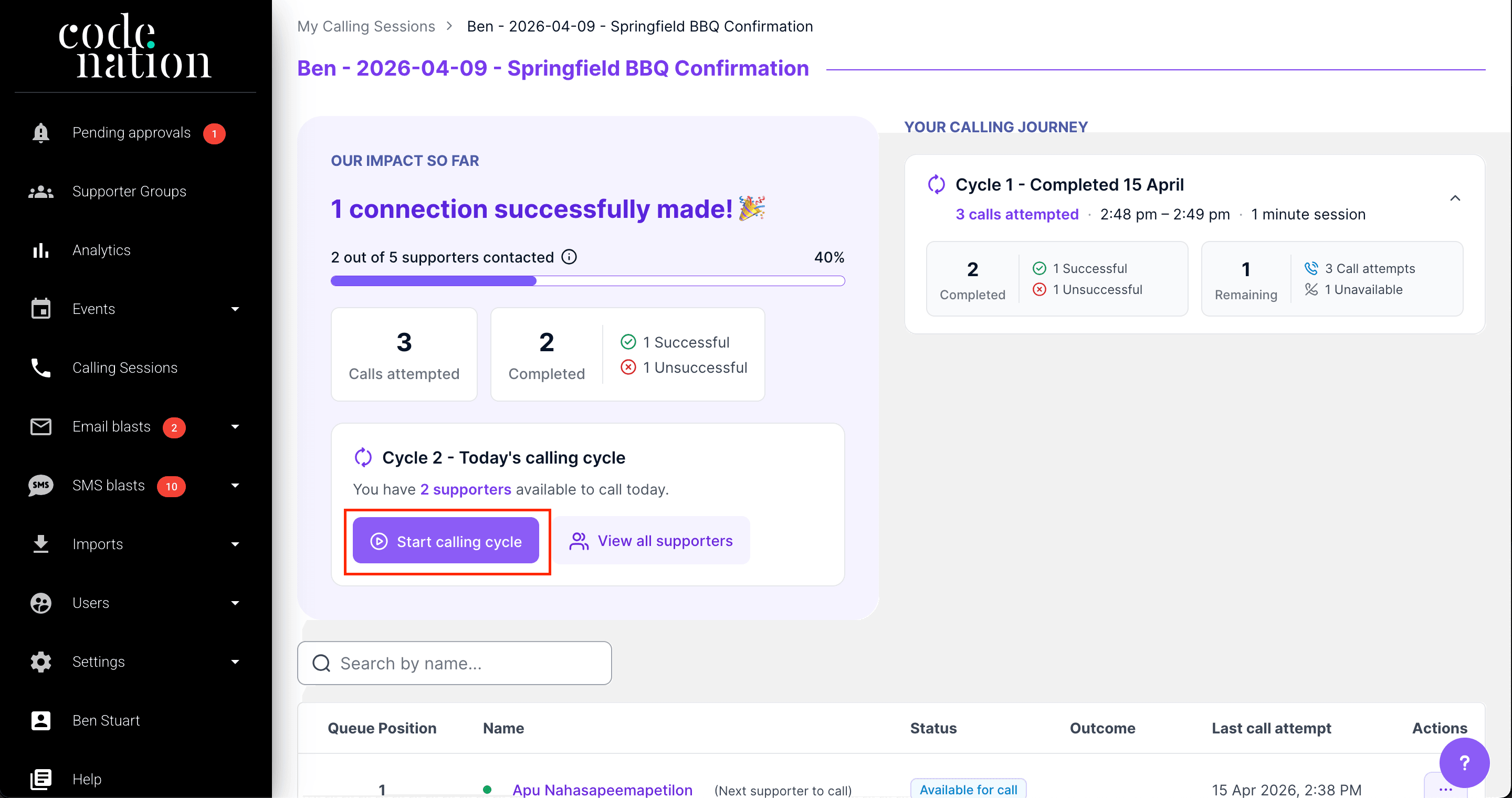 Completed cycle card with Start a new cycle button