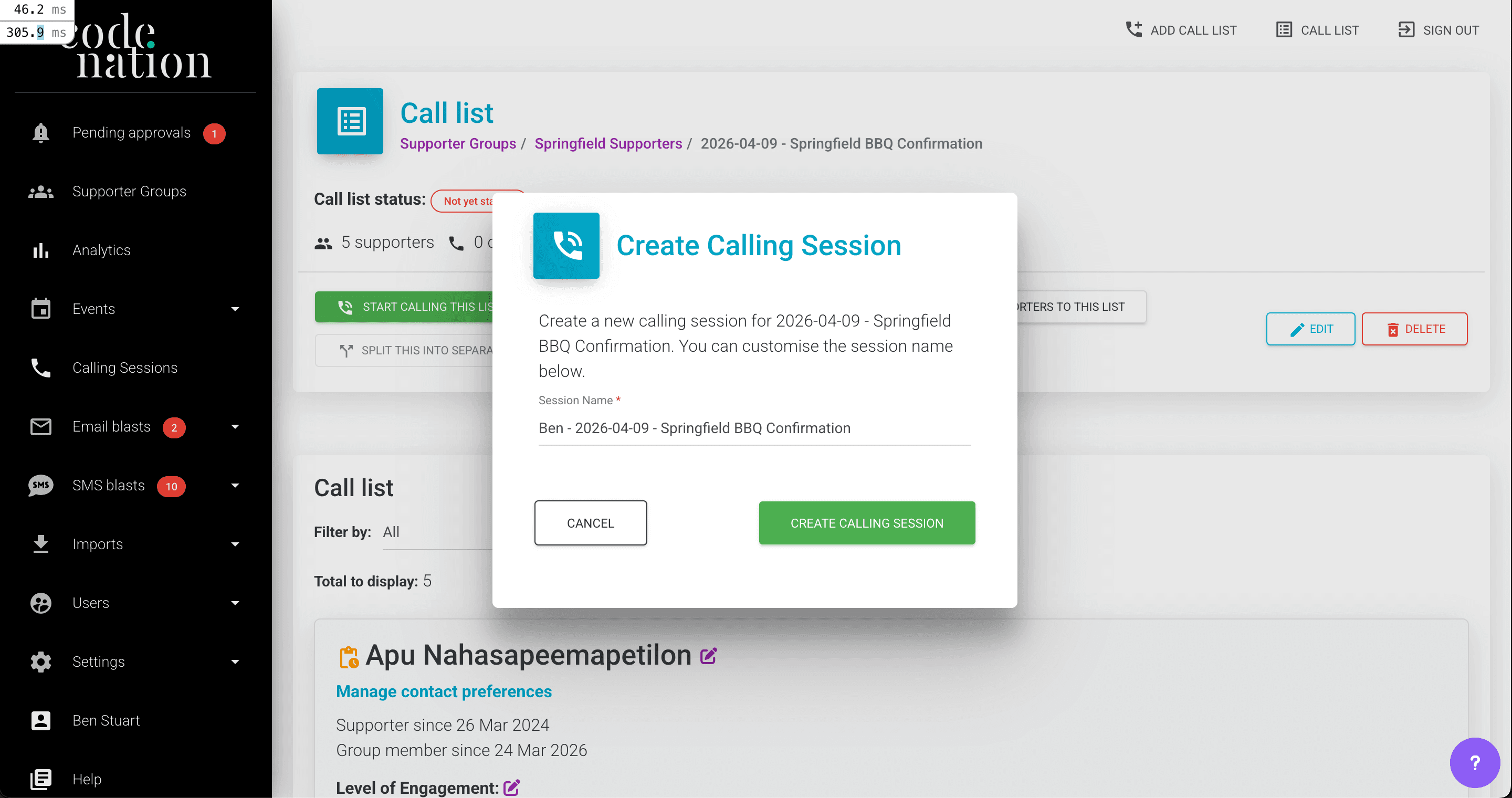 Create calling session dialog