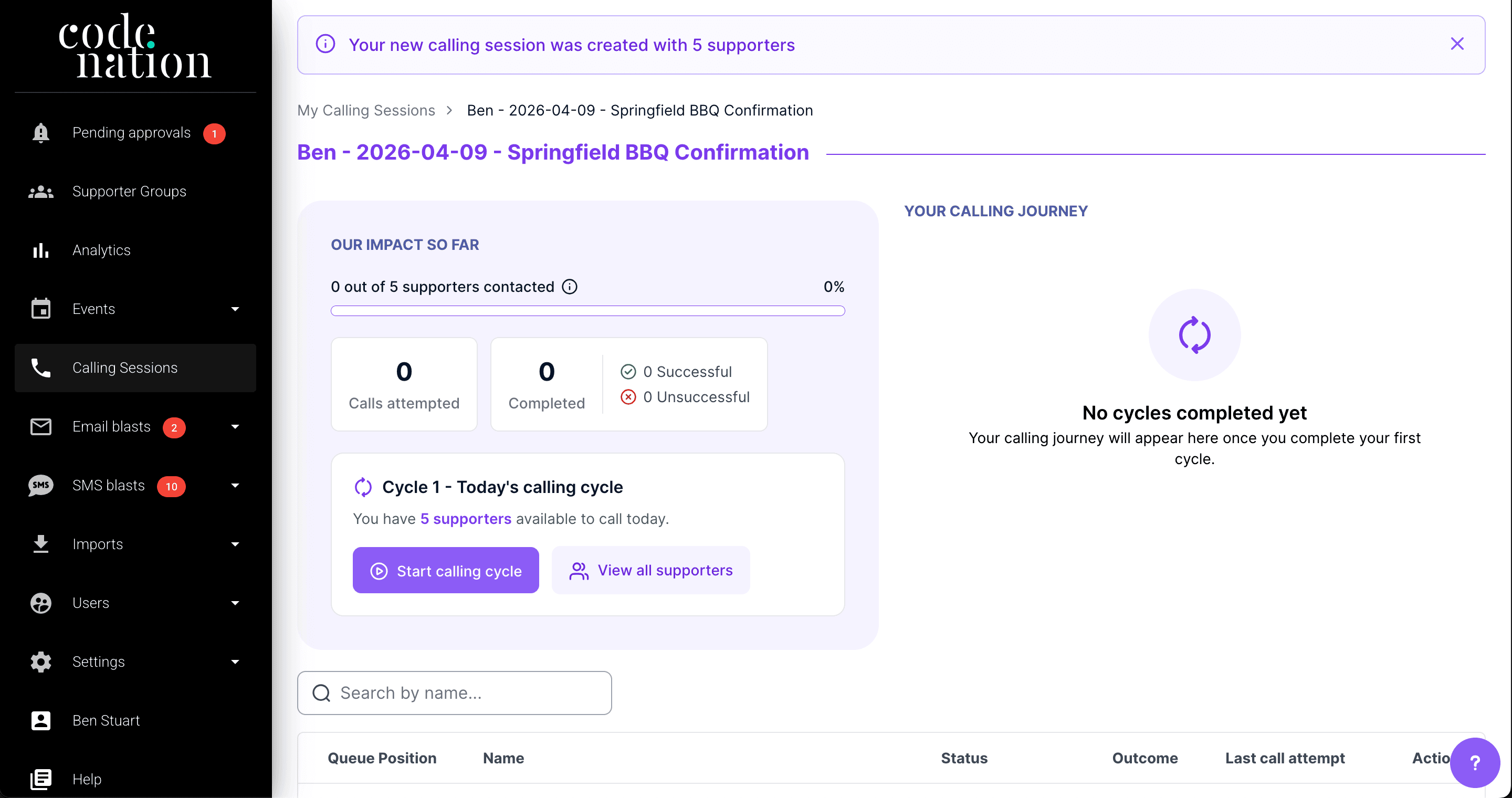 Calling session dashboard