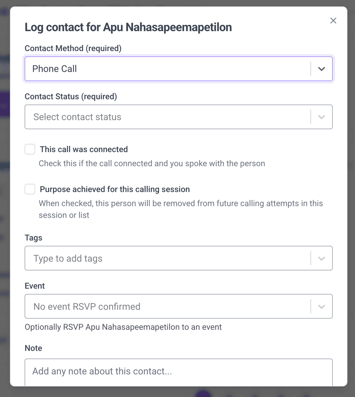 Log contact dialog with the contact status options and the No further contact attempts needed checkbox