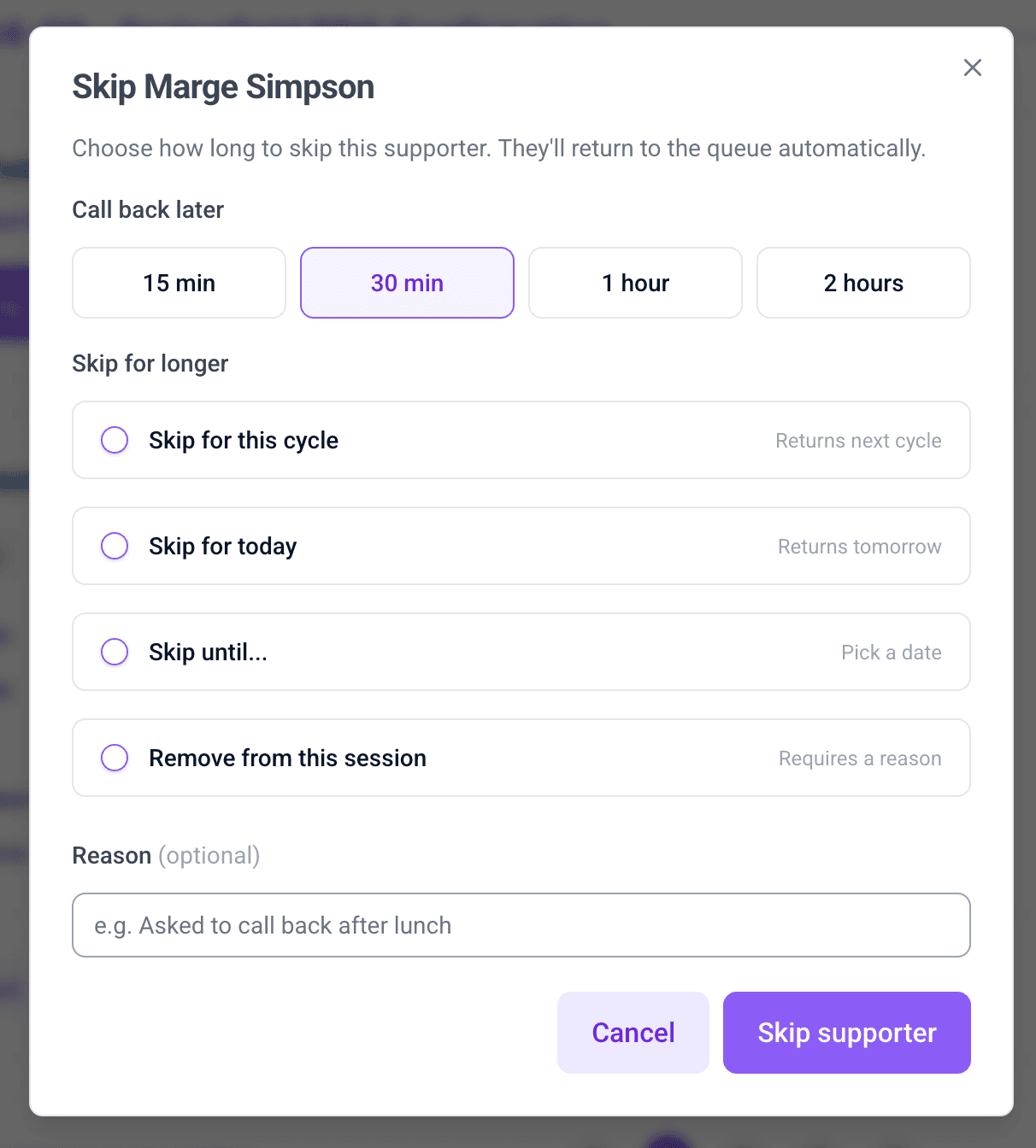 Skip dialog with the four call back later duration chips across the top