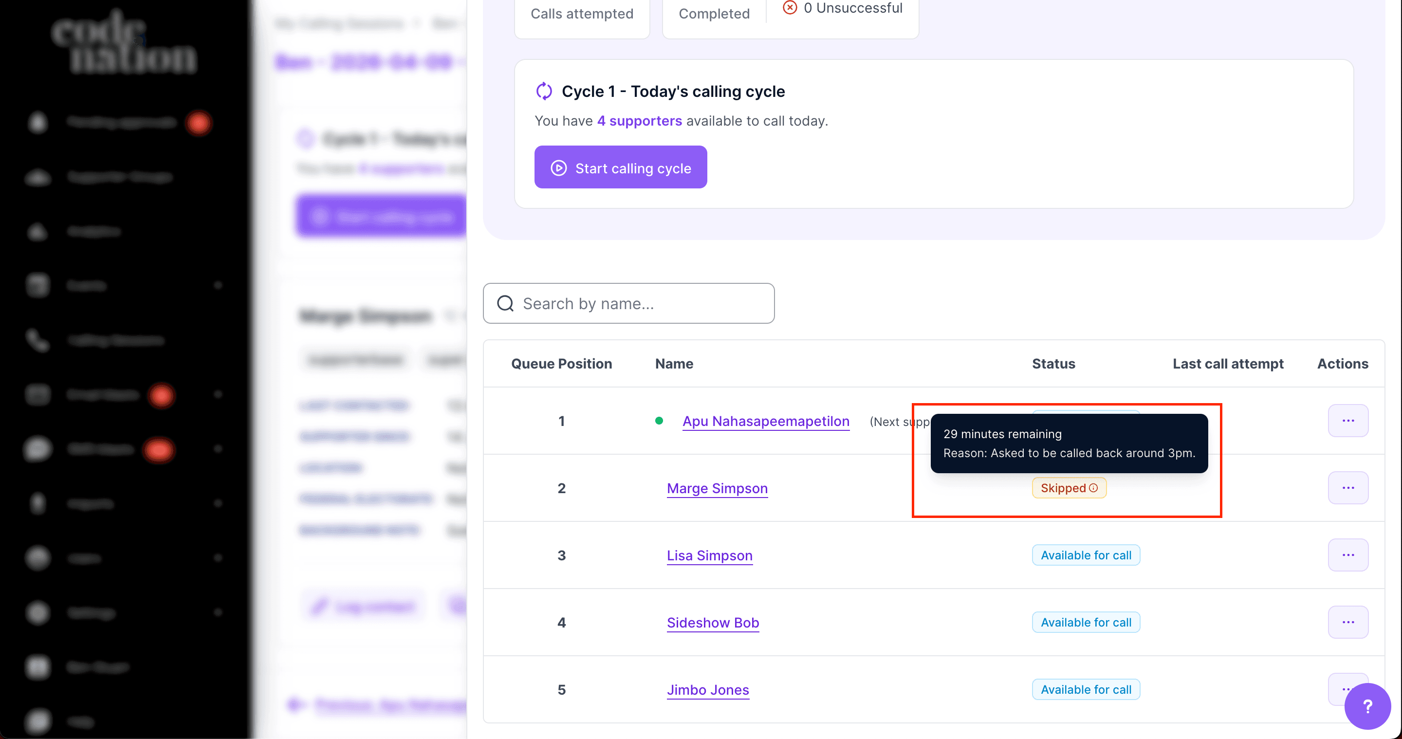 Skipped supporter with Skipped badge and tooltip