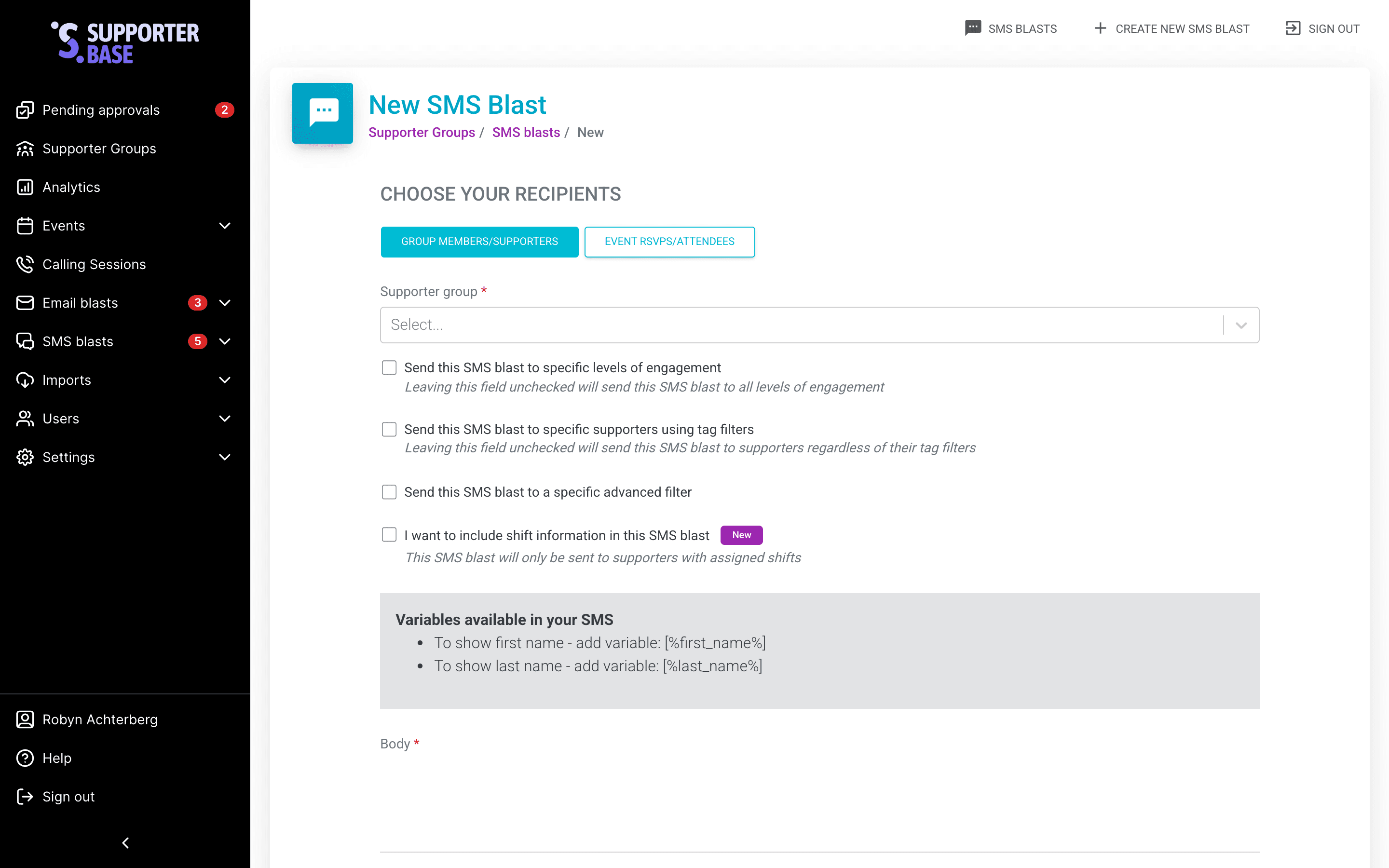Choose your recipients form for a new SMS blast, with the message body field below