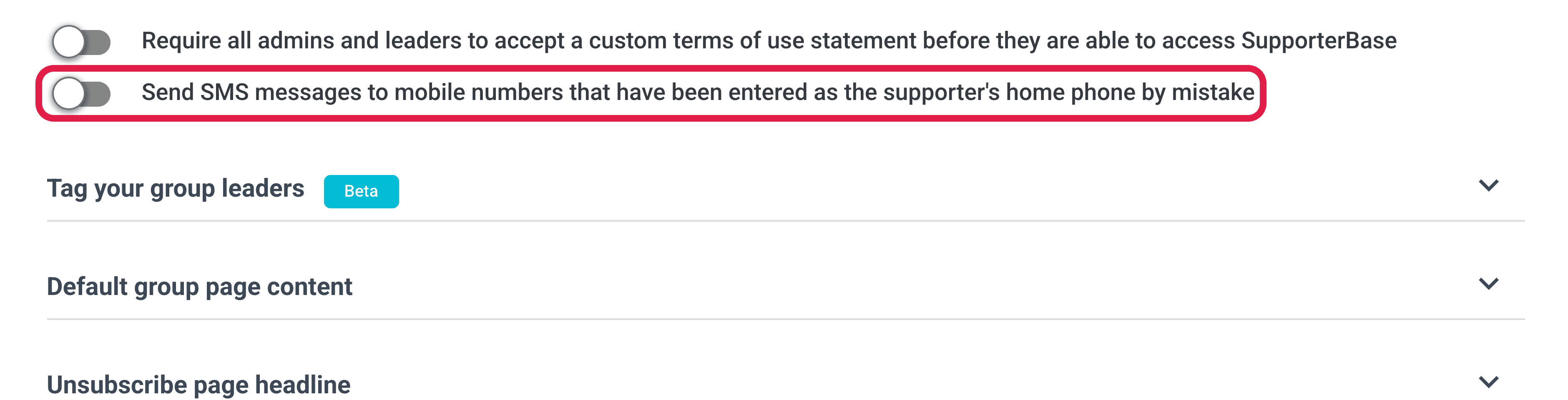 Settings > Configurations > General page with the toggle for sending SMS to numbers entered as home phone by mistake highlighted