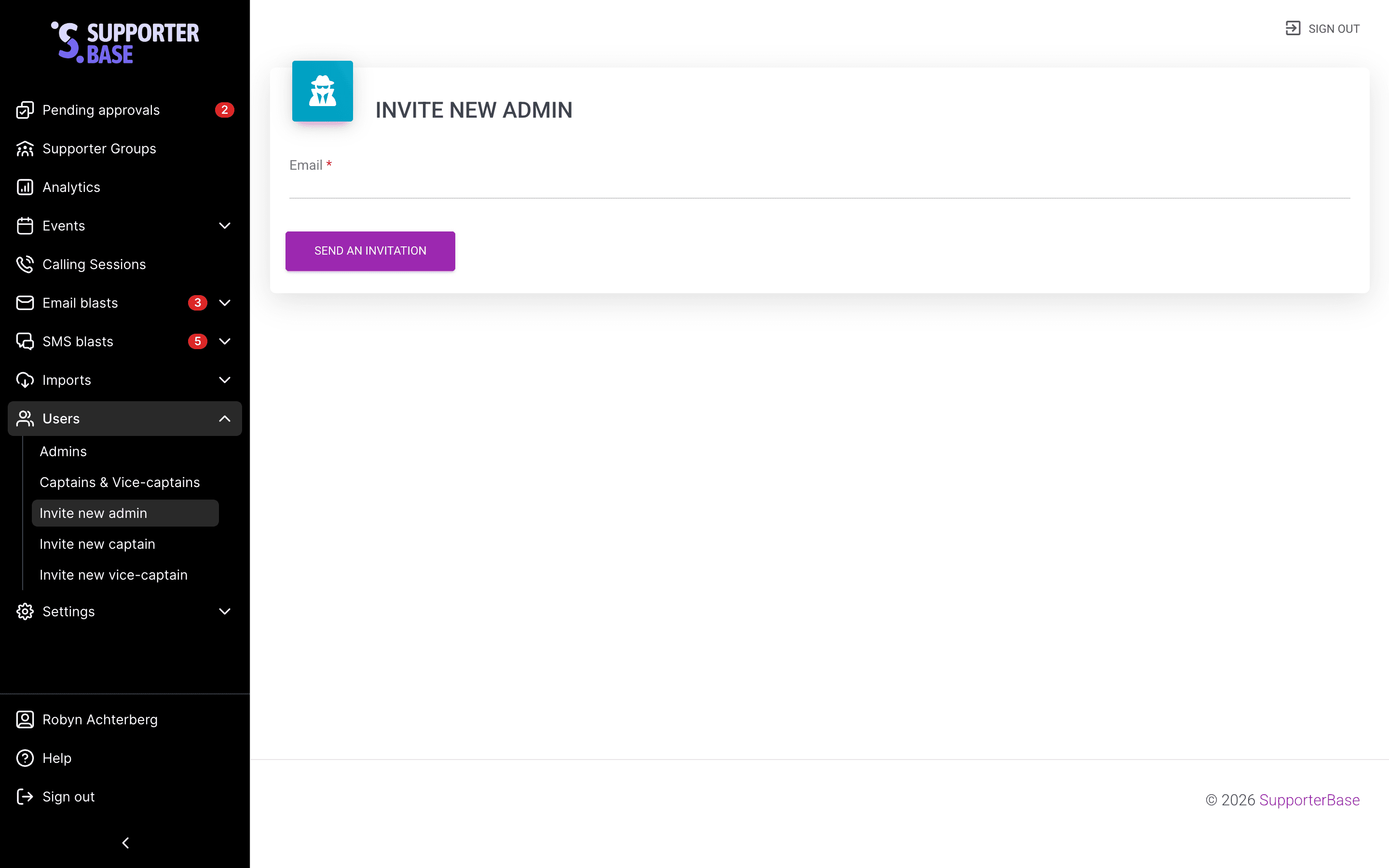 Invite New Admin modal open, showing the email field and the Send an Invitation button