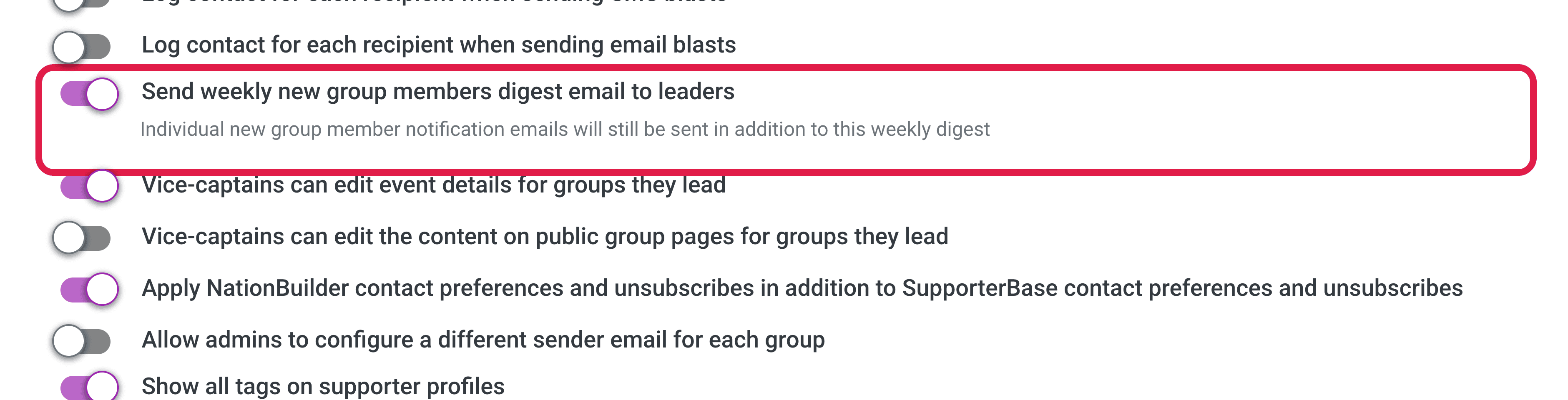 The weekly digest toggle switched on in Configurations, with its hint text about individual notifications