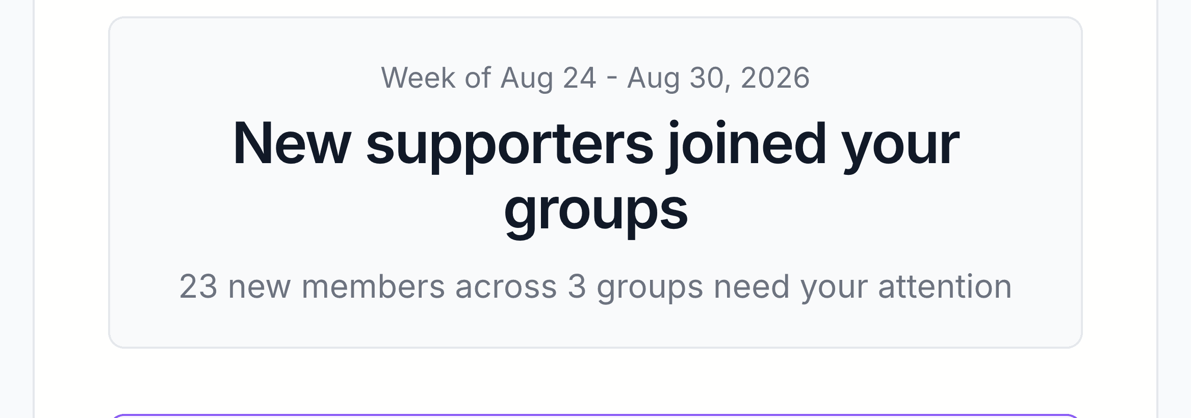 Digest email header showing the week, the title, and a summary line counting new members across groups