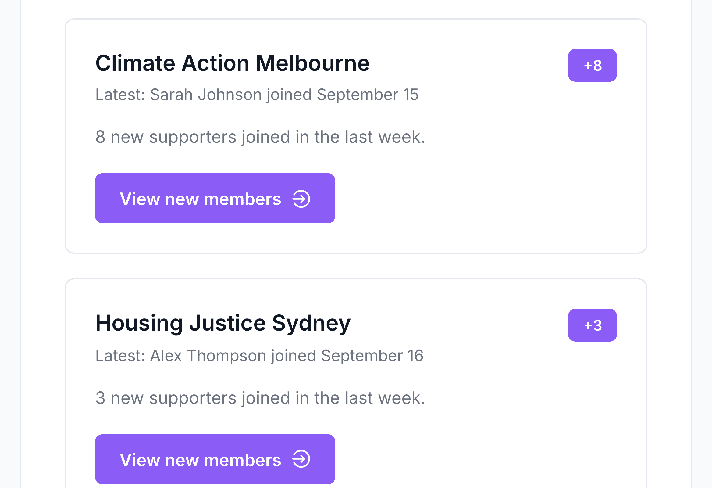 Two group cards, each with a new member count badge, the latest member to join, and a View new members button