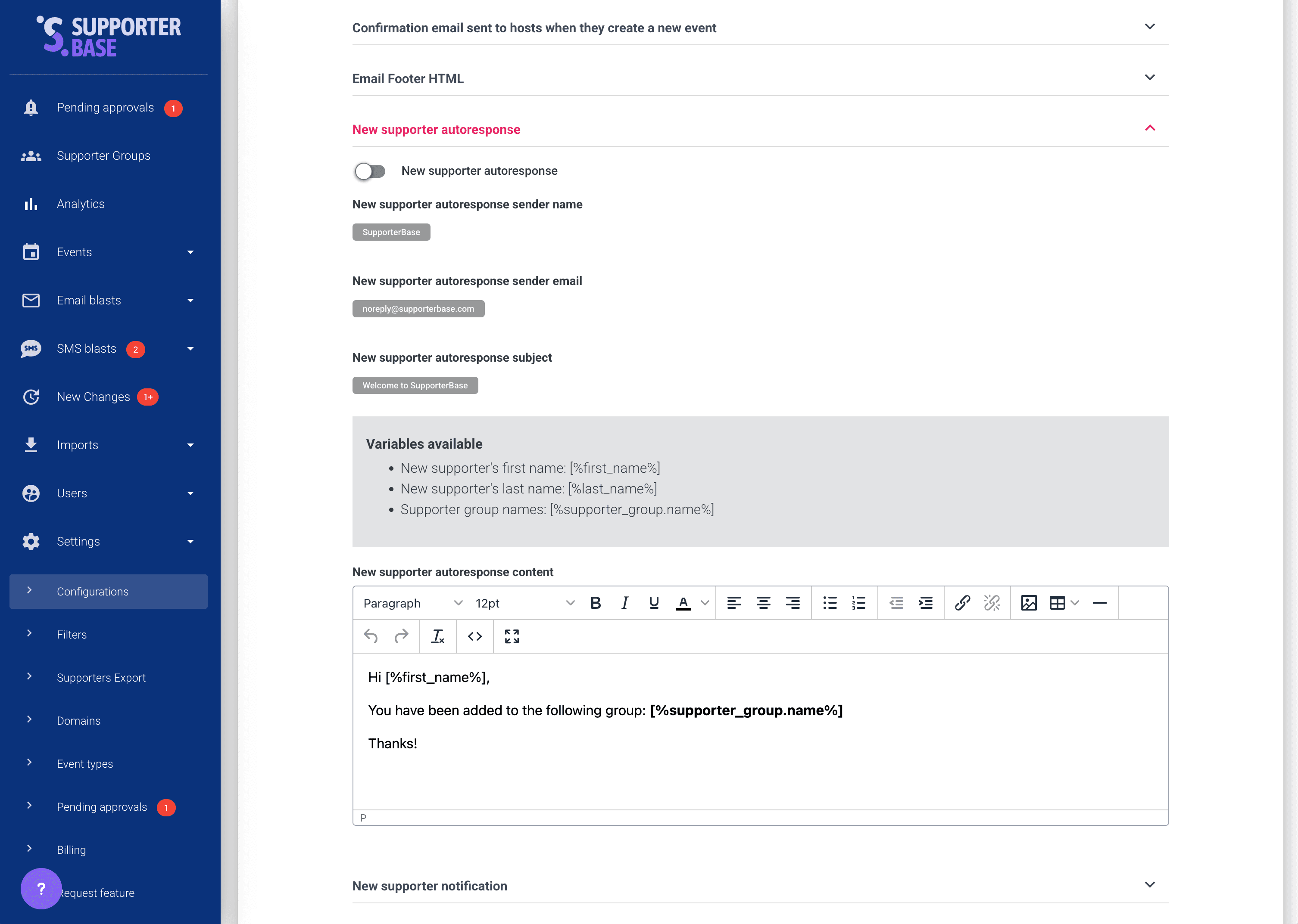 Mailers configuration page with the New supporter autoresponse section expanded, showing its sender and content fields