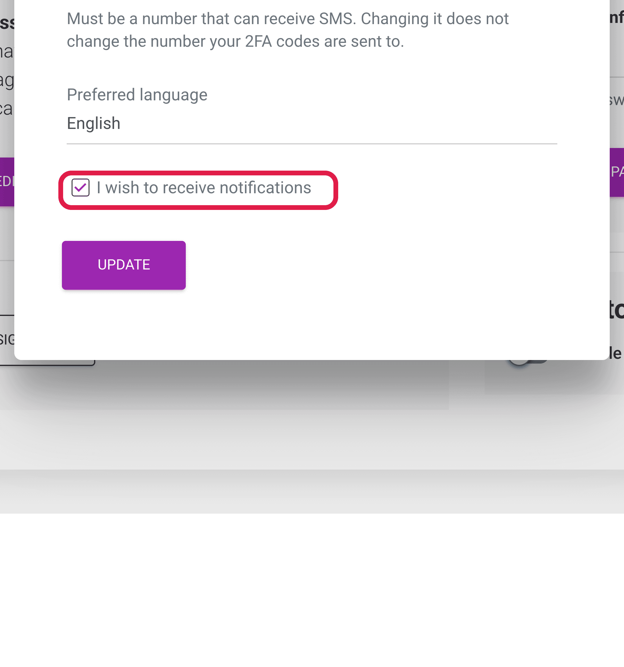 Update profile modal with the "I wish to receive notifications" checkbox highlighted